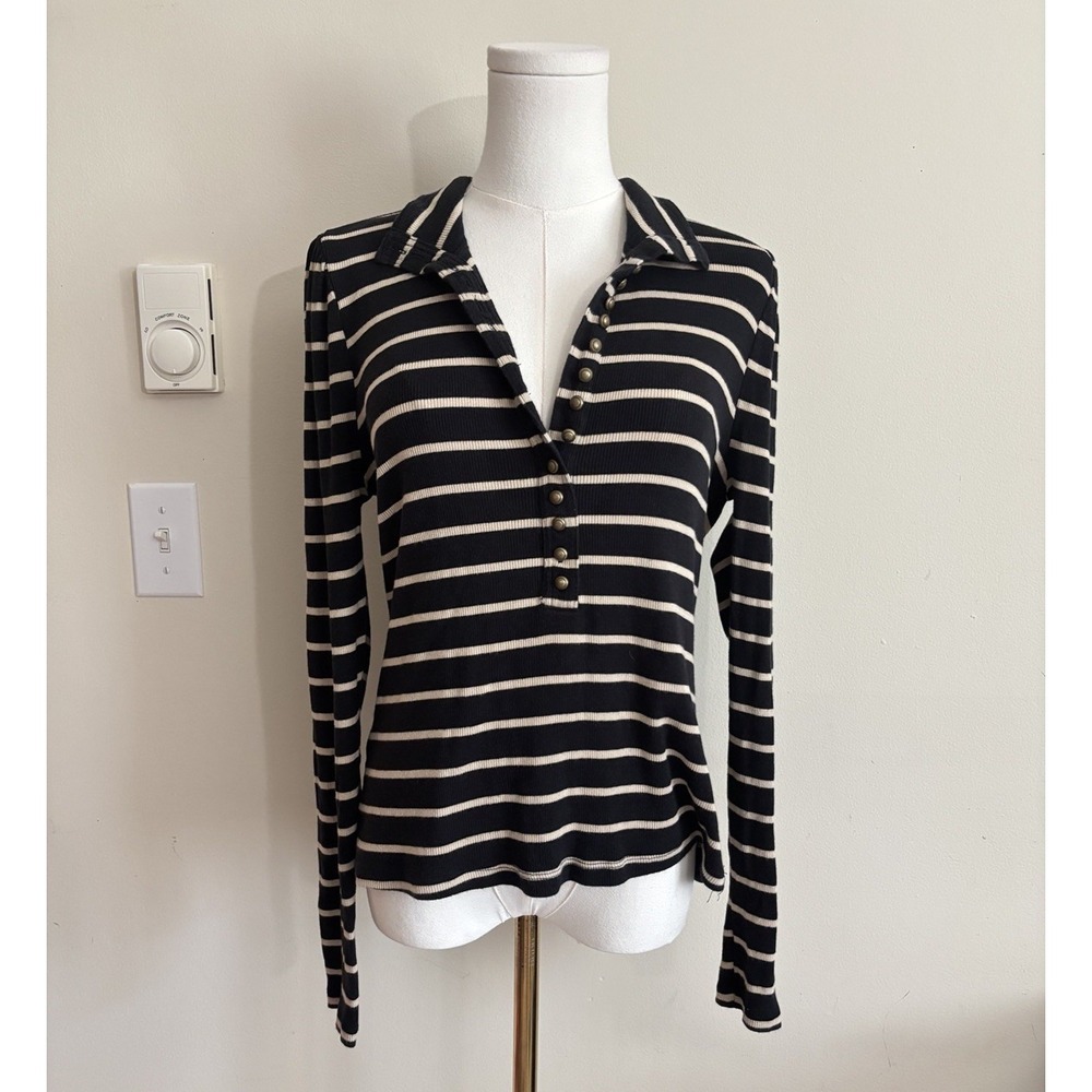 Anthropologie Pilcro Womens Large Collared V Neck Slim Fit Top Black Tan Y2K